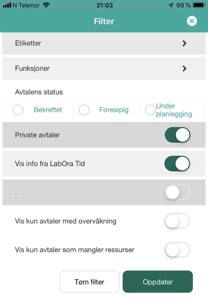 9. Filter Välj «Filter» uppe till vänster för att välja ett filter för kalendern.