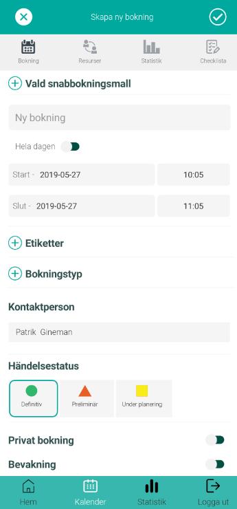 5. Skapa ny bokning Klicka på + (Ny bokning) uppe till höger för att skapa en ny bokning. Den kalender du står i läggs då automatiskt till som en resurs.