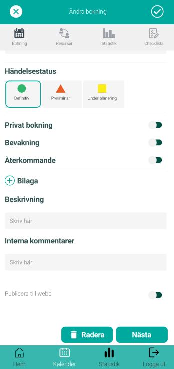 Under första fliken bokning ställer du in de grundläggande uppgifterna för bokningen som - Tid - Datum -