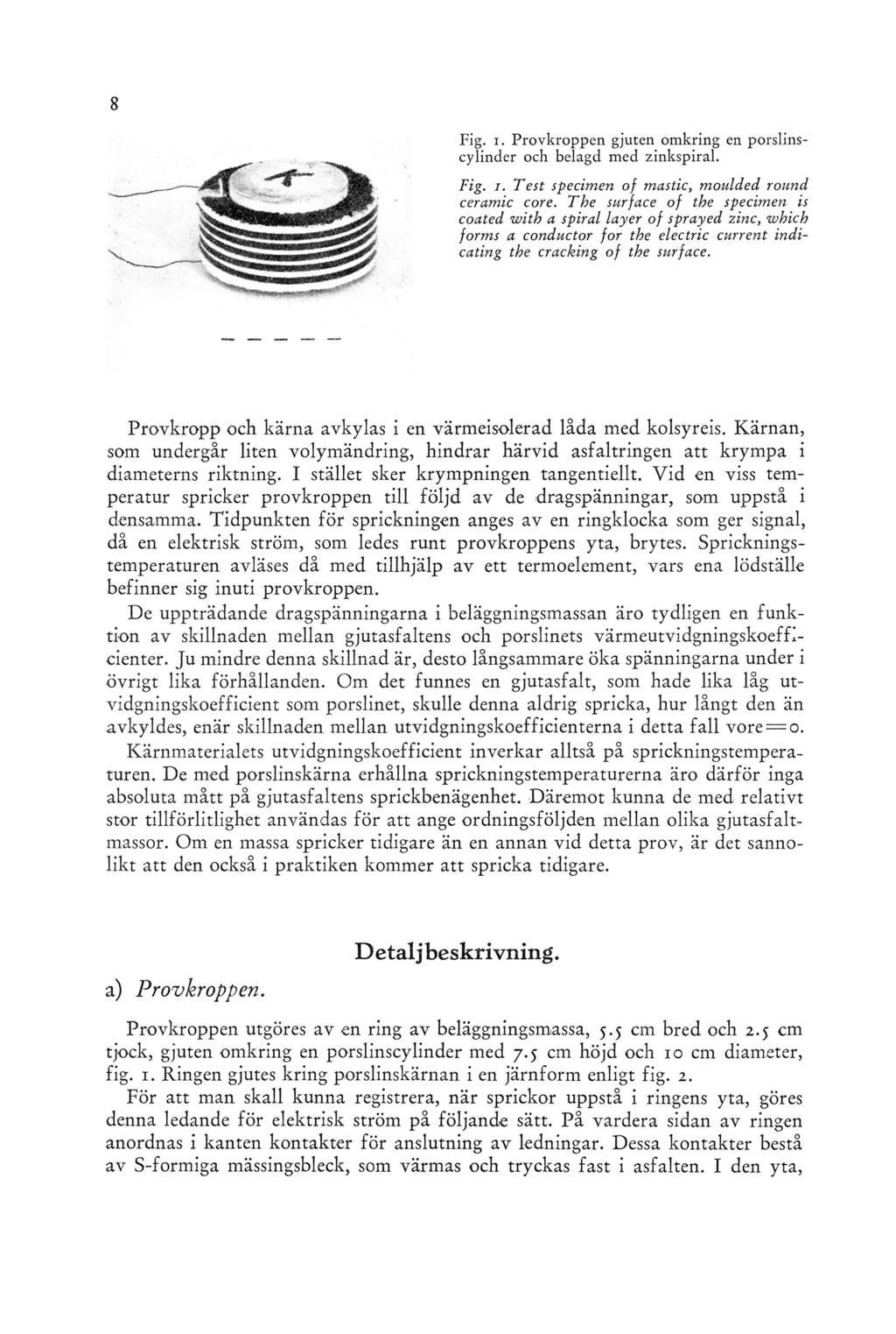 Fig. i. Provkroppen gjuten omkring en porslinscylinder och belagd med zinkspiral. Fig. i. Test specimen of mastic, moulded round ceramic core.