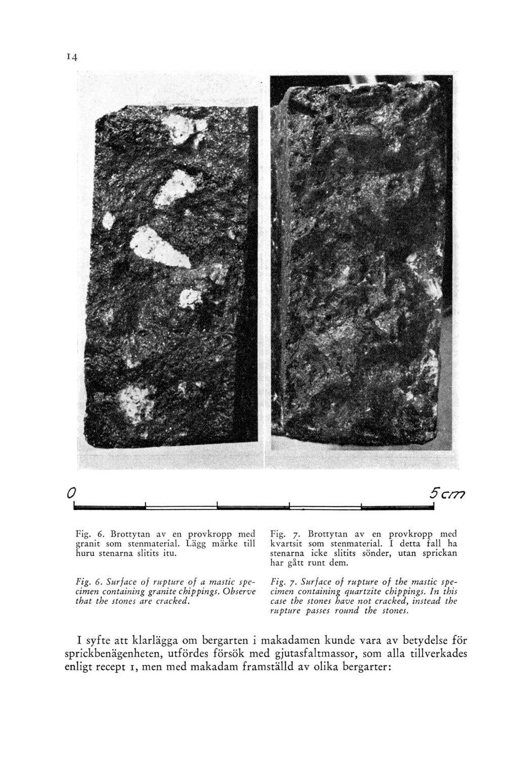 Fig. 6. Brottytan av en provkropp med granit som stenmaterial. Lägg märke till huru stenarna slitits itu. Fig. 6. Surface of rupture of a mastic specimen containing granite chippings.