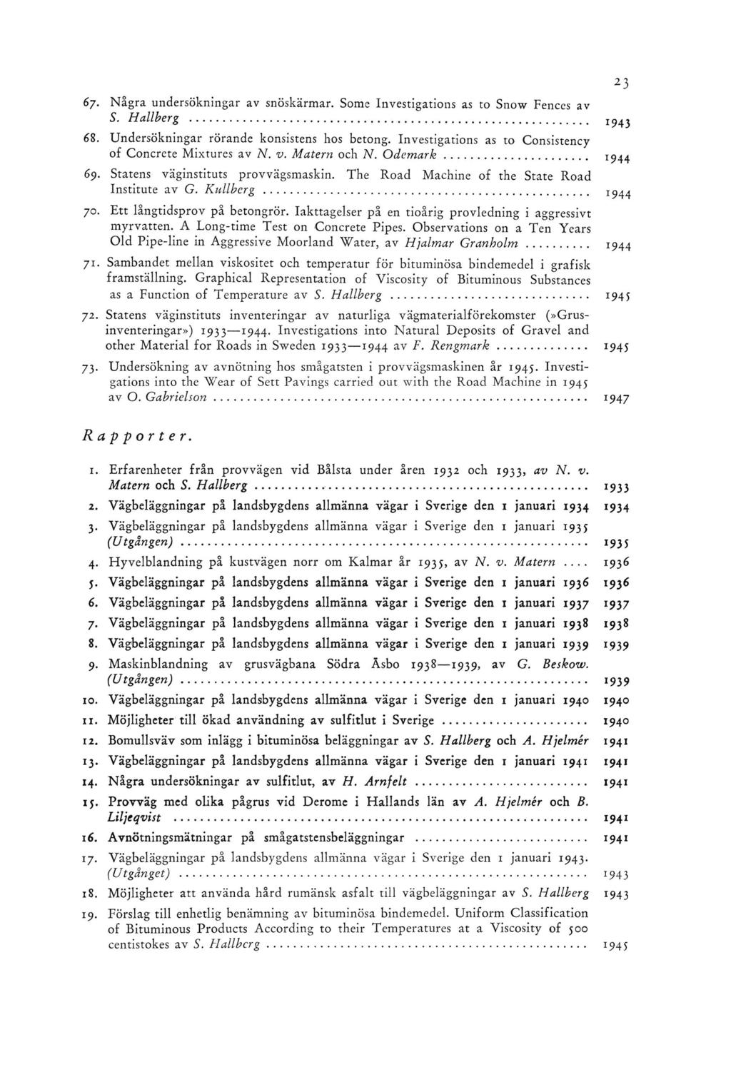 6y. Några undersökningar av snöskärmar. Some Investigations as to Snow Fences av S. Hallberg... I943 68. Undersökningar rörande konsistens hos betong.