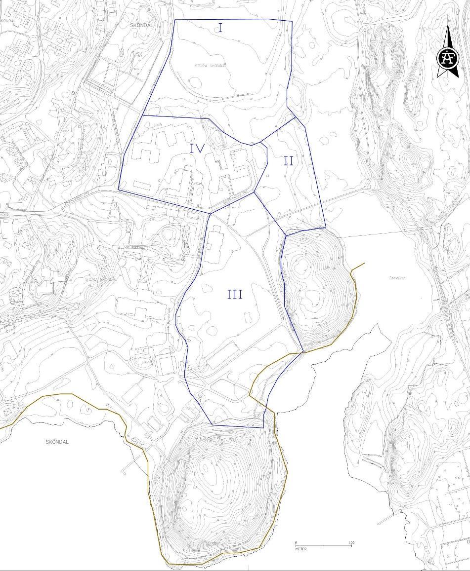 ARBETSMATERIAL Figur 6. Kartbilden visar Stora Sköndal och deponiområdet är markerat med blått. Deponiområdet är indelat i 4 delområden I-IV. 1.3 