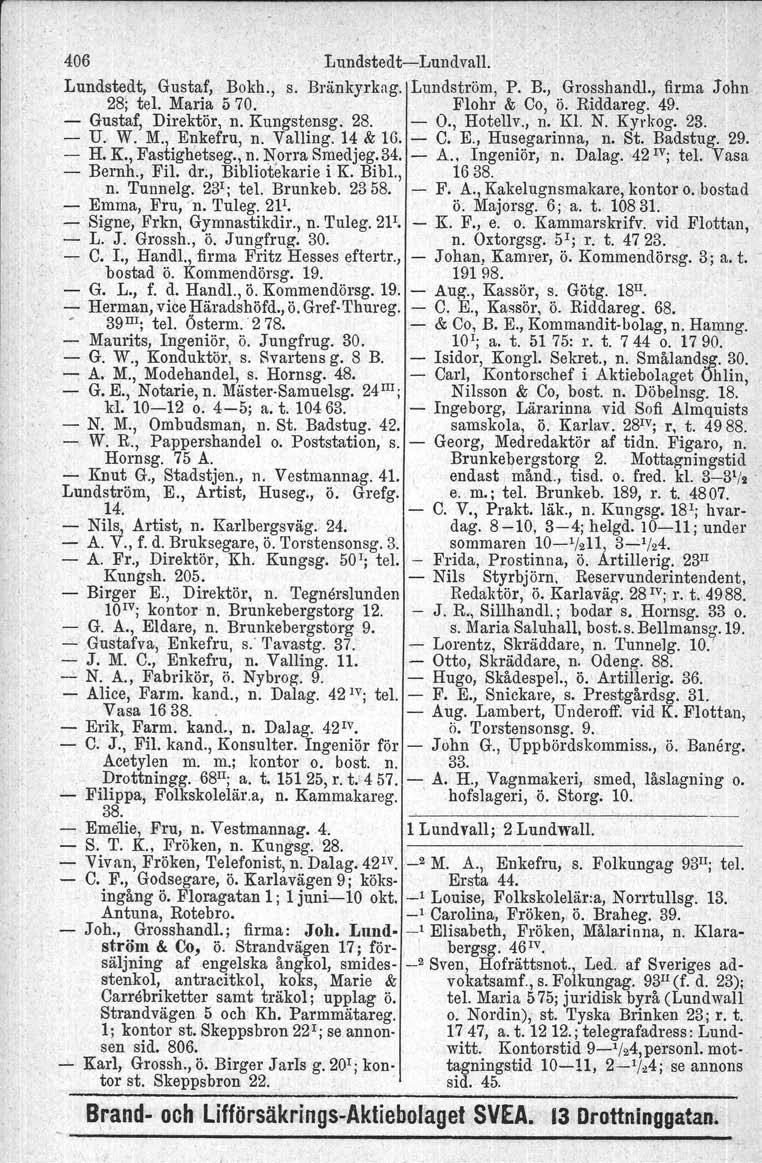 406 LundstedtLundvall. Lundstedt, Gustaf, Bokh., s. Bränkyrkag. Lundström, P. B., Grosshandl., firma John 28: tel. Maria 1) 70. Flohr & Co, ö. Riddareg. 49. Gustaf, Direktör, n. Kungstensg. 28. O.