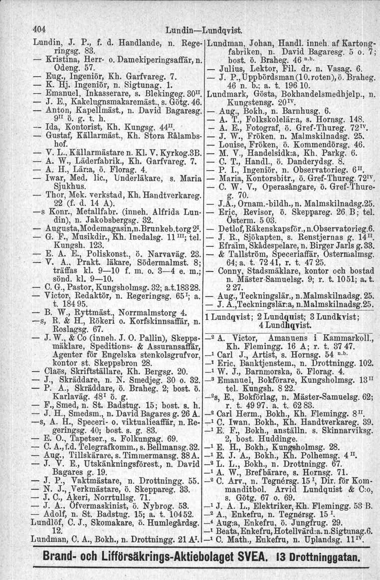 404 LundlniLundqvist, Lundin, J. P., f. d. Handlande, n. Rege Lundman, Johan, Handl, inneh. af Kartongringsg. 83.. fabriken, n. David Bagaresg. 5' o. 7; Kristina, Herr o. Damekiperingsaffär, n. bost.