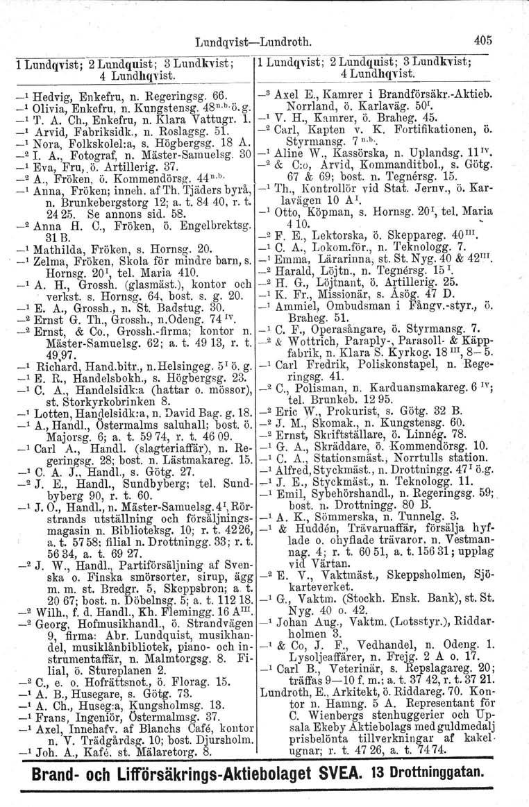 LundqvistLundroth. 405 1 Lundqvist; 2 Lundquist; 3 Lundkvist; 1 Lundqvist; 2 Lundquist; 3 Lundkvist; 4 Lundhqvist. 4 Lundhqvist. _1 Hedvig, Enkefru, n. Regeringsg. 66. " Axel E.