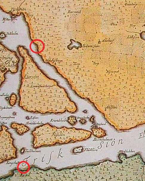 Kulturmiljö och historik Fig 7. På denna karta från 1750-talet har kabelns planerade landanslutningar vid Sätra och Ängby markeras med röda cirklar. Karta: Kungliga biblioteket i Stockholm.