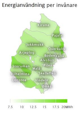 Energianvändning per m² och invånare Energianvändningen i bostäder i Överkalix var 273 kwh använd energi per m² bostadsyta och 13 947 kwh använd energi per invånare.