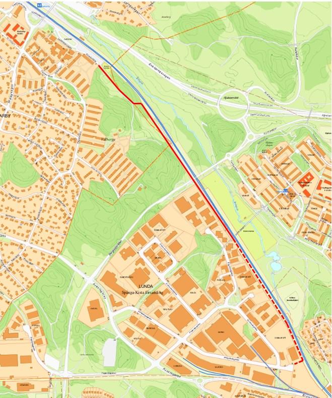 Sida 6 (10) Bild 1. Gång- och cykelväg mellan Barkarby station och Lunda industriområde, se rött streck för befintlig gång- och cykelväg och streckad linje för ny gång- och cykelväg.