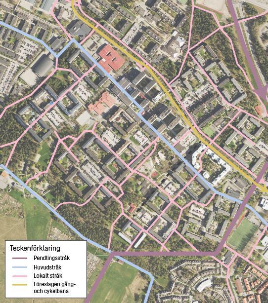 Gång- och cykelbanan är ett komplement till befintliga gång- och cykelkopplingar på båda sidorna av Norgegatan som går till badhuset via det gång- och cykelnätet ovanför gatunivå (se streckad linje i