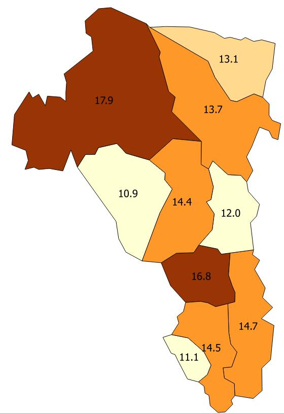 Ekonomisk kris Region Kvinnor Män Totalt S Beräknat antal Ockelbo 16 18 17 790 Hofors 14 8 11 850 Ovanåker 9 13 11 1 000 Nordanstig 14 13 13 980 Ljusdal 18 17 18 2 610