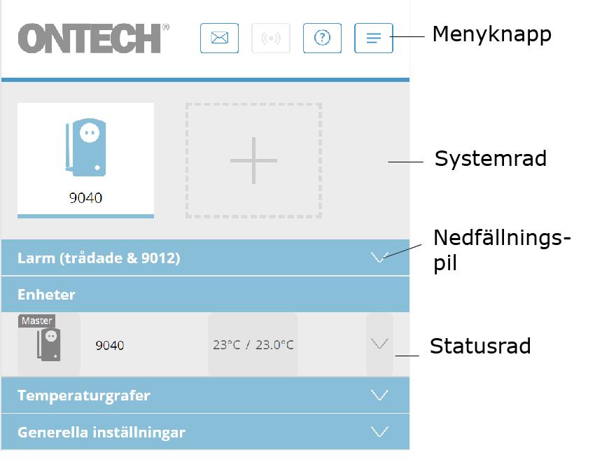 Kontrollpanelen Översikt och begrepp Huvudvy Översta raden, Systemraden visar alla de aktiva huvudenheter du har anslutna till ditt konto. En huvudenhet är en enhet som har eget SIM-kort.