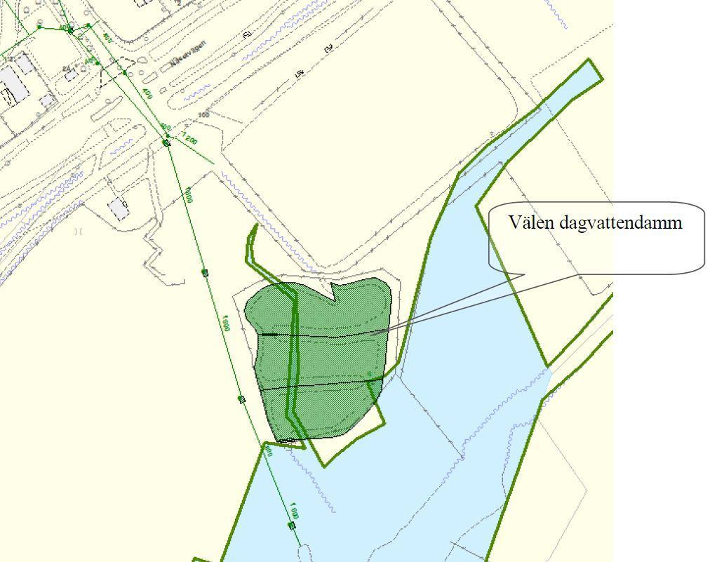 Dagvatten leds via ledningsnätet till Välen dagvattendamm ca 2 km söder om planområdet, se karta i Figur 2.