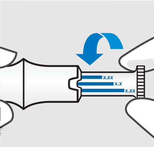 Välj dos: 0,1 ml 0,15 ml 0,2 ml 0,25 ml 0,3 ml 0,35 ml 0,4 ml 0,45 ml EFTER För in nålen och håll kvar VIKTIGT: Lyft inte den förfyllda injektionspennan från huden under