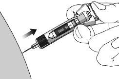Figur 6 Injicera allt läkemedel genom att trycka in kolvstången tills kolvstoppet befinner sig helt mellan vingarna för nålskyddsanordningen (se figur 7).