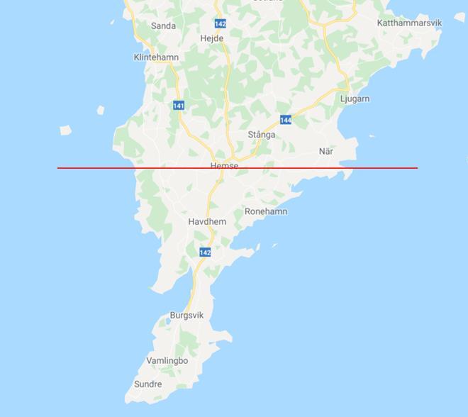 Figur 1 Onsalahalvön med markerad gränslinje. 15. På Gotland, söder om öst-västlig begränsningslinje genom Hemse, 57 13 38.