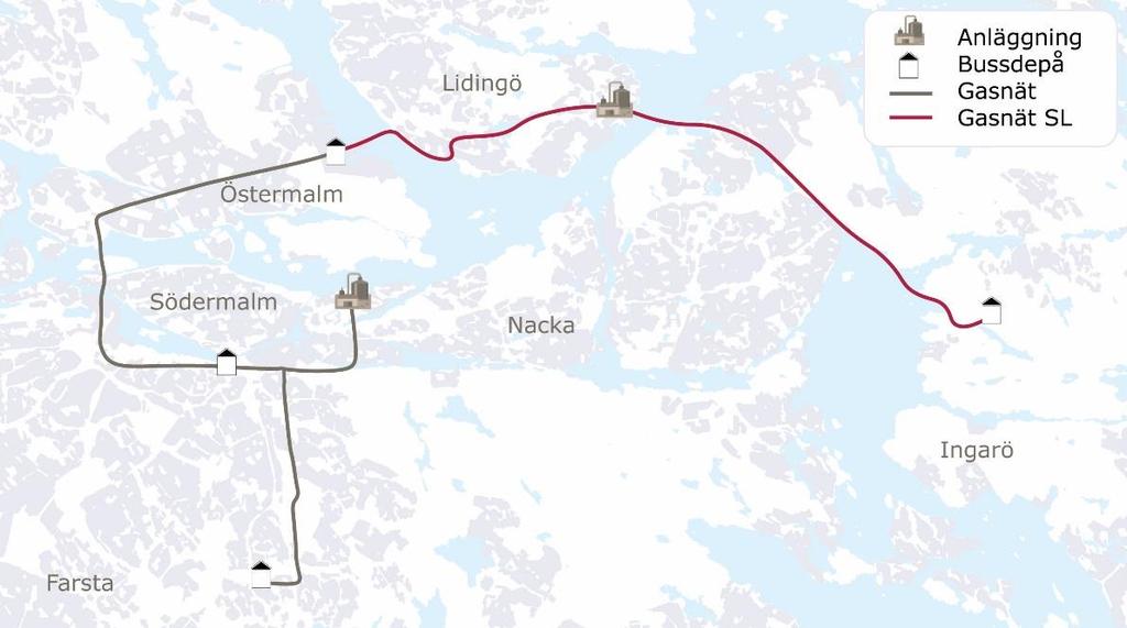 30(127 Figur 9 Karta över Henriksdals respektive Käppalas biogasanläggningar samt biogasdepåerna Frihamnen, Charlottendal, Fredriksdal och Gubbängen, inklusive sammanbindande gasnät.