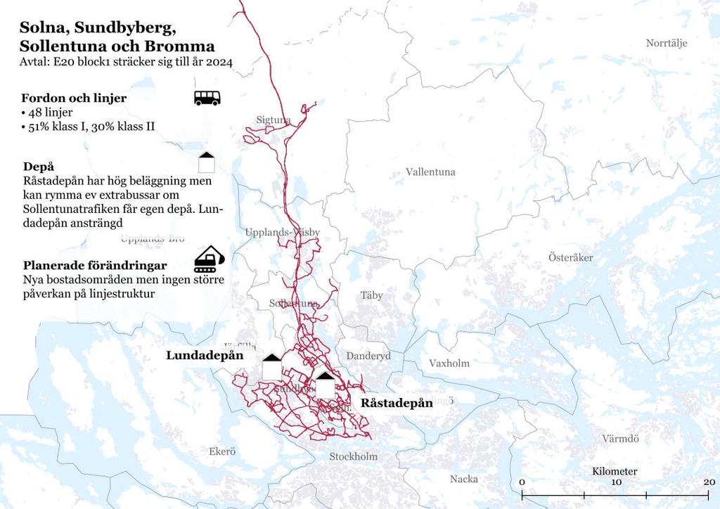 48(127 6.3 Avtalsområde Bromma, Solna, Sundbyberg och Sollentuna (E20 block 1 Busstrafiken i avtalsområdet drivs med totalt 248 bussar.