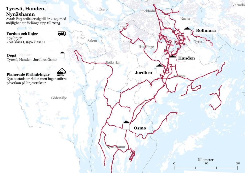 50(127 6.4 Avtalsområde Tyresö, Handen och Nynäshamn (E23 Trafiken karaktäriseras av förorts-/regionaltrafik och dagens fordonsflotta består till mycket stor del av klass II-bussar.