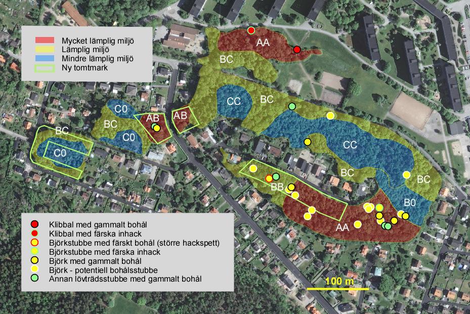 Resultat Lämpliga miljöer Totalt bedöms omkring 150 ha av inventeringsområdets 1000 ha utgöra lämpliga miljöer för mindre hackspett (varav 37 ha ansågs mycket lämpliga; figur 4).