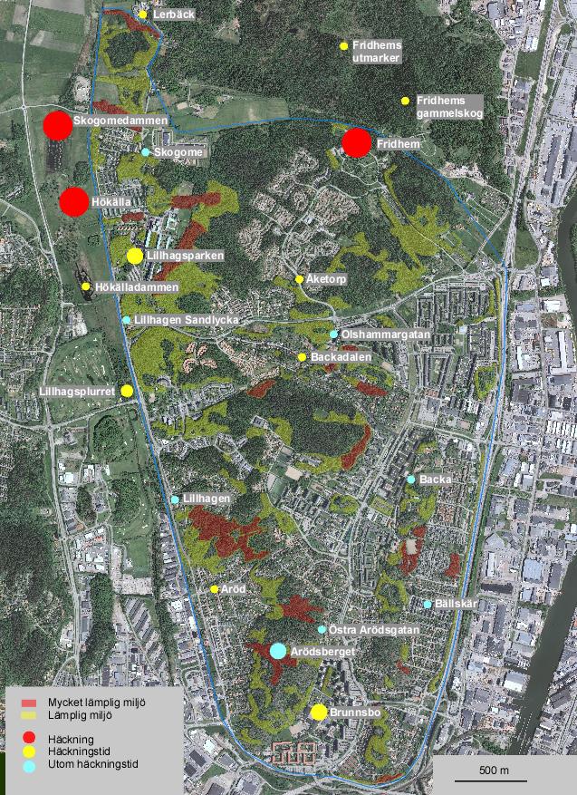 Lerbäck, Hökälla-Lillhagsparken och Fridhem. Vid Arödsberget-Brunnsbo finns också återkommande rapporter.