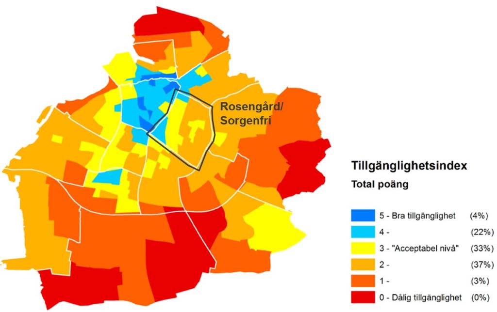 OJÄMLIK TILLGÄNGLIGHET I STADEN Tillgänglighetsindex som visar tillgängligheten med hållbara färdsätt (gång, cykel och