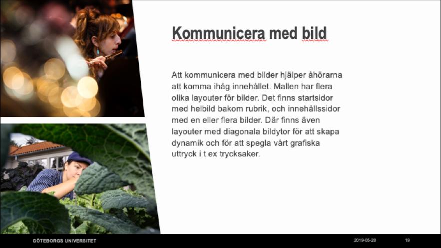 Kommunicera med bild 2 I mallen finns även layouter med diagonala bildytor som kan ge en dynamik. De diagonala riktningarna kopplar till GU:s profil för exempelvis trycksaker.