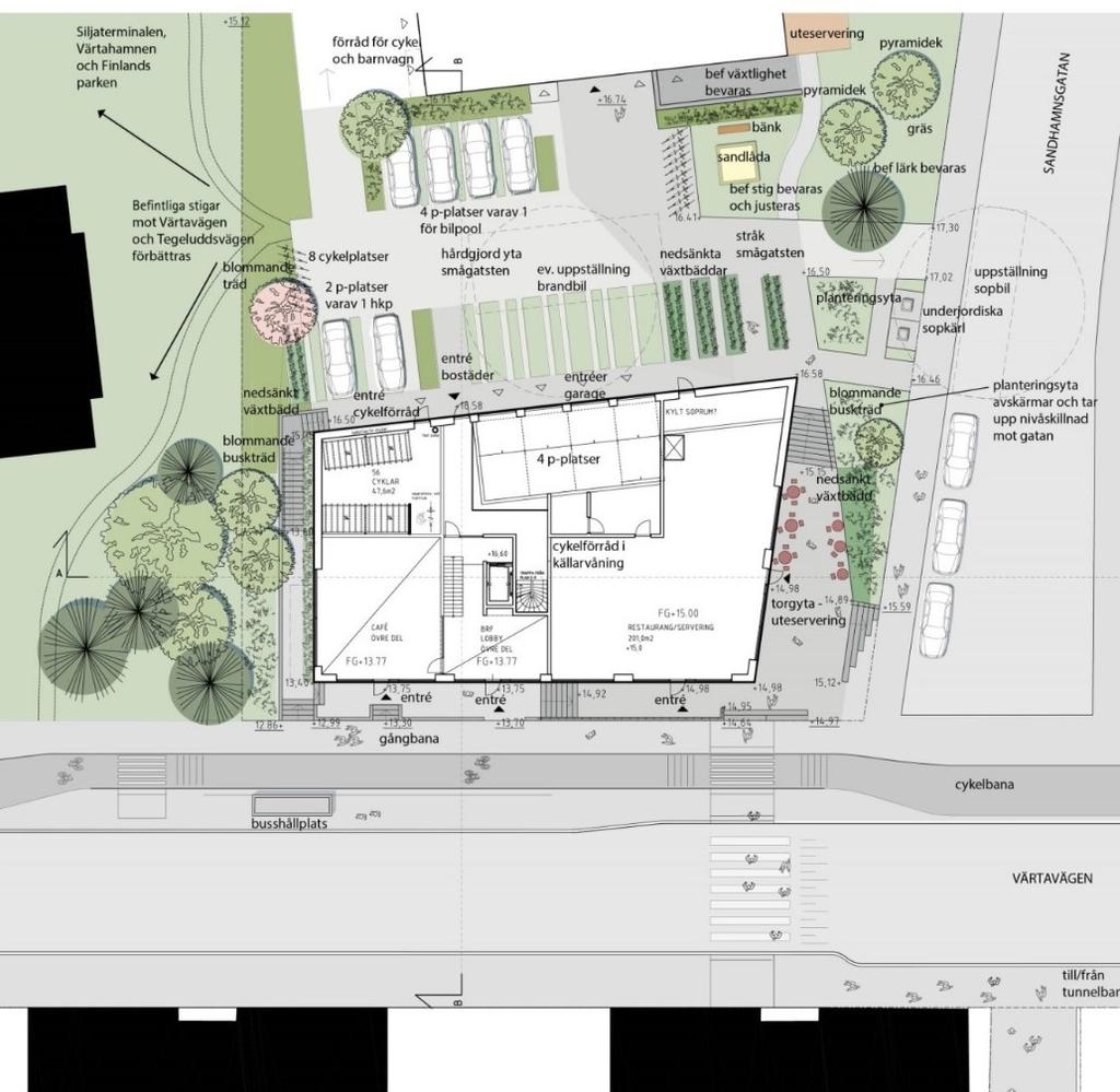 Sida 6 (11) Befintligt hus norr om planområdet Värtavägen Gård med växtbäddar och parkering Befintligt hus inom planområdet Förplats i söder Planförslaget är utformat för att ta upp riktningar både