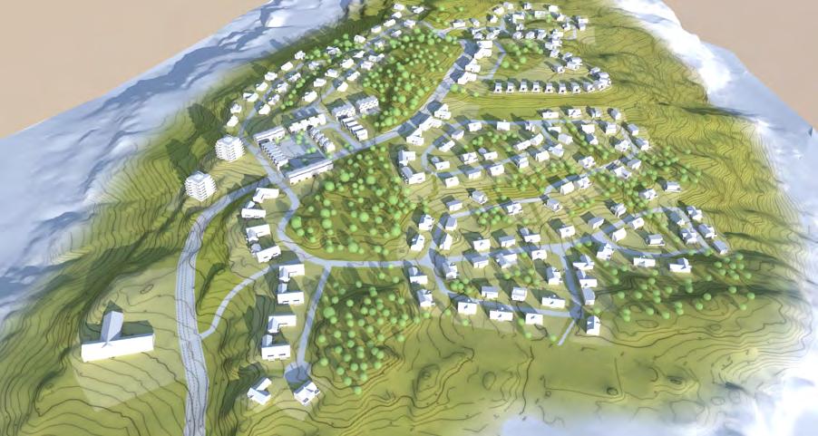 Vy från väster observera att illustration skiljer sig från plankarta. Planens utformning: Höjryggen och slänter inom områet sparas till gröna stråk mellan kvarteren.