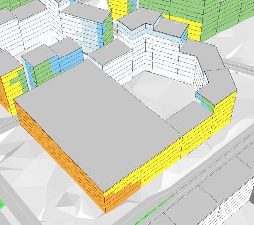 5.6 Hus E Hus E utsätts för höga ljudnivåer från vägarna runt och genom planområdet. Byggnaderna bildar en sluten kvartersstruktur vilket ger bra förutsättningar för god ljudmiljö.