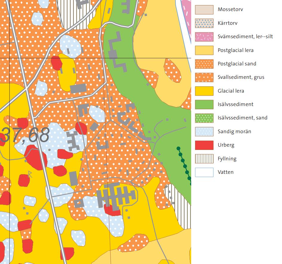 Figur 13. Jordartskarta Sveriges geologiska undersökning (SGU). Topologiskt underlag Lantmäteriet. Enligt jordartskartan består planområdet mestadels av glacial lera, sandig morän och urberg.