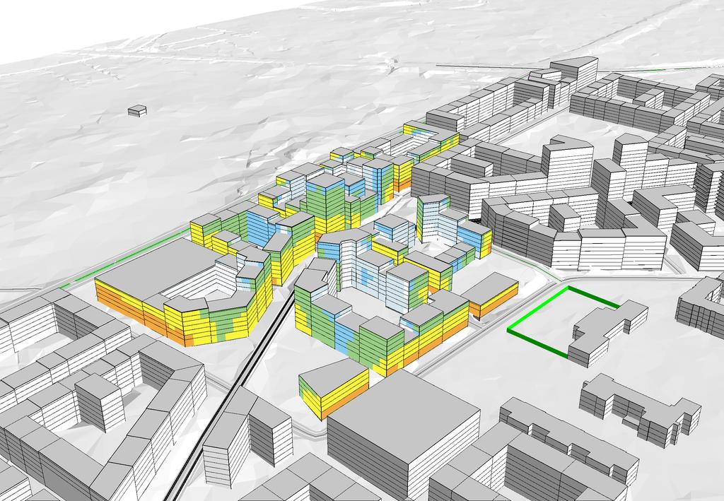 Bilaga 17 Buller vid fasad prognosår 2050 Vy från sydöst Uppsala Kommun Bullerutredning Ulleråker Beräkning nr:0 Filnamn:CU_17-F_Lmax_P_2050 Värden vid hus avser beräknat frifältsvärde vid