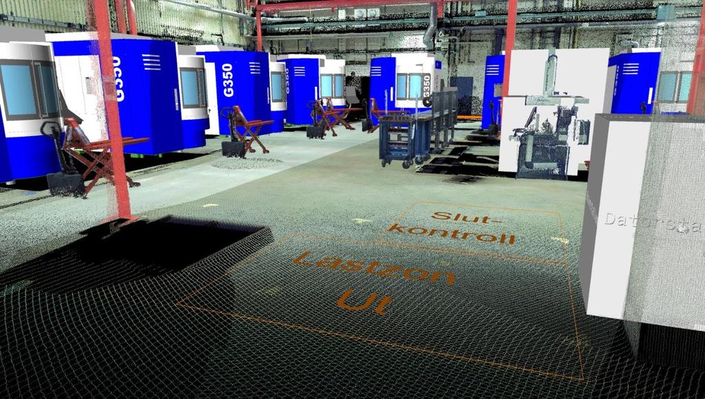 Navisworks, där 3D-modellerna av GROB-maskinerna och övriga maskiner lagts in i punktmolnet, visas i Figur 26. Detta är endast bilder för att visa på vad programmet kan användas till.