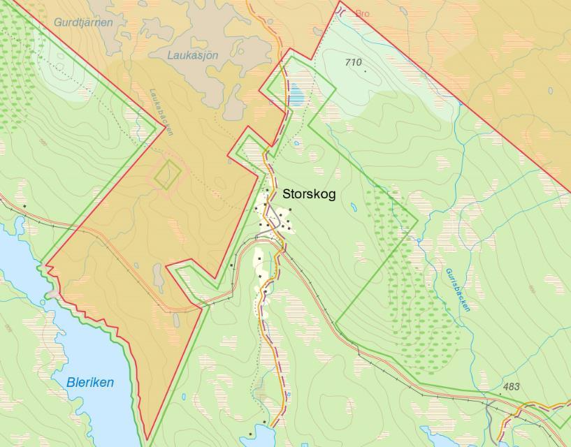 Röd linje = Gräns för regleringsområdet Grön linje = Gräns för naturskyddat område Figur 24. Regleringsområde Vindeln-Laisfjällen med gräns som inte konsekvent följer reservatsgräns.