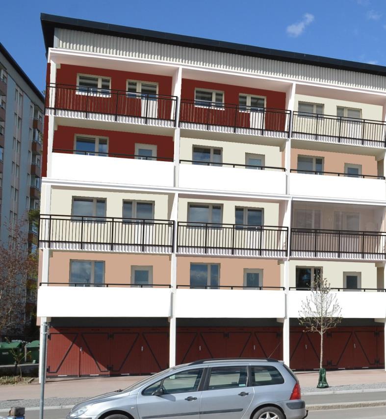 Loftgångshus Förslaget till utbyggda balkonger, nya balkongfronter och nya fasadkulörer på loftgångshusen inom Trädkronan 1. Utdrag från: Balkongrenovering. Brf.