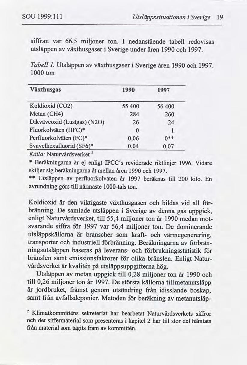 SOU 1999:1 l l Utsláppssituationen isverige 19 siffran var 66,5 miljoner ton. I nedanstående tabell redovisas utsläppen av växthusgaser i Sverige under åren 1990 och 1997.