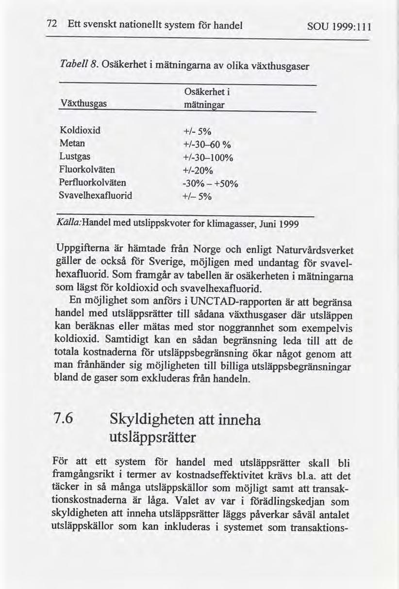 72 Ett svenskt nationellt för handel system SOU 1999:1 ll Tabell Osäkerhet i mätningarna olika växthusgaser av Växthusgas Osäkerhet i mätningar Koldioxid +/- 5% Metan +/-30-60 % Lustgas +/-30-l00%