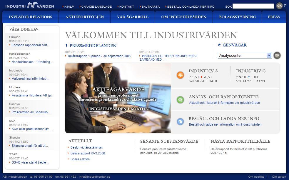 Industrivärden online Reuterskod Bloombergskod Datastream kod INDUa.ST INDUA SS W :IU www.industrivarden.se info@industrivarden.