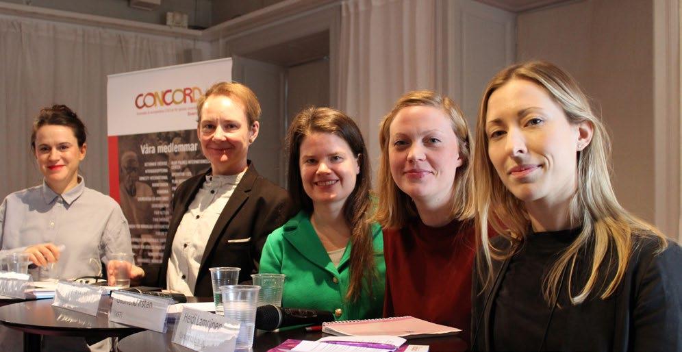 Paneldebatt med representanter från CONCORD Sveriges medlemsorganisationer och sex riksdagspartier i samband med lanseringen av Civilsamhällets deklaration för en feministisk utrikespolitik.
