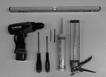 Vattenpass, stjärnskruvmejsel, blocknyckel, kniv, insexnyckel, skruvmejsel, tumstock, våtrumssilikon, borrmaskin, 4 millimeters borr, 6 millimeters borr och smörjfett.