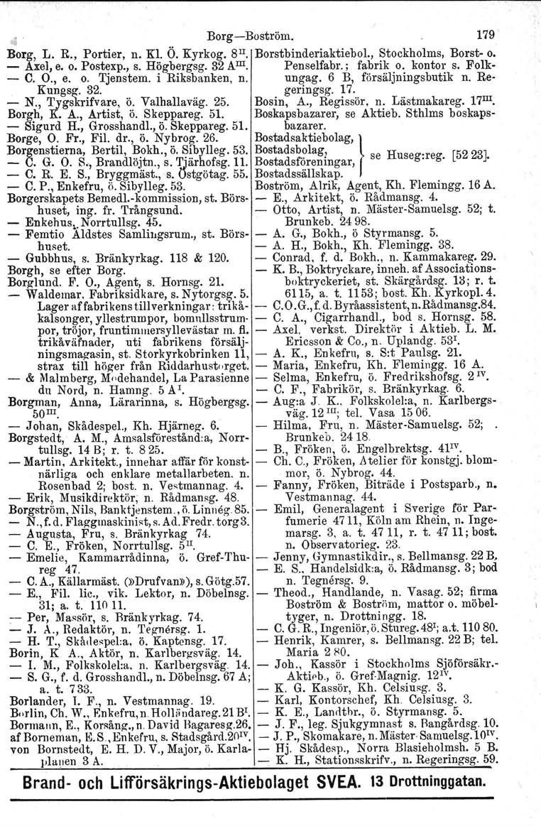 Borg-Boström. 179 Borg, L. R., Portier, n. Kl. Ö. Kyrkog. 8 il. Borstbinderiaktiebol., Stockholms, Borst- o. - Axel, e. o. Postexp., s. Högbergsg. 32 Am. Penselfabr.; fabrik o. kontor s. Folk- - C. O.