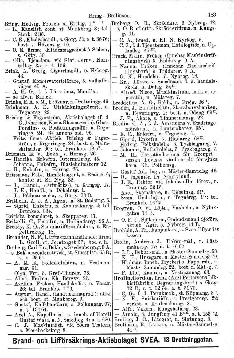 Bring-Brolinson. 183 Bring, Hedvig, Fröken, s. Erstag. 1.";; Broberg. O. B., Skräddare, Ö. Nybrng. 42. _ L., Kanslist, kont. st. Munkbrog. 8; tel. -s, O. B. eftertr., Skrädderifirma, n.