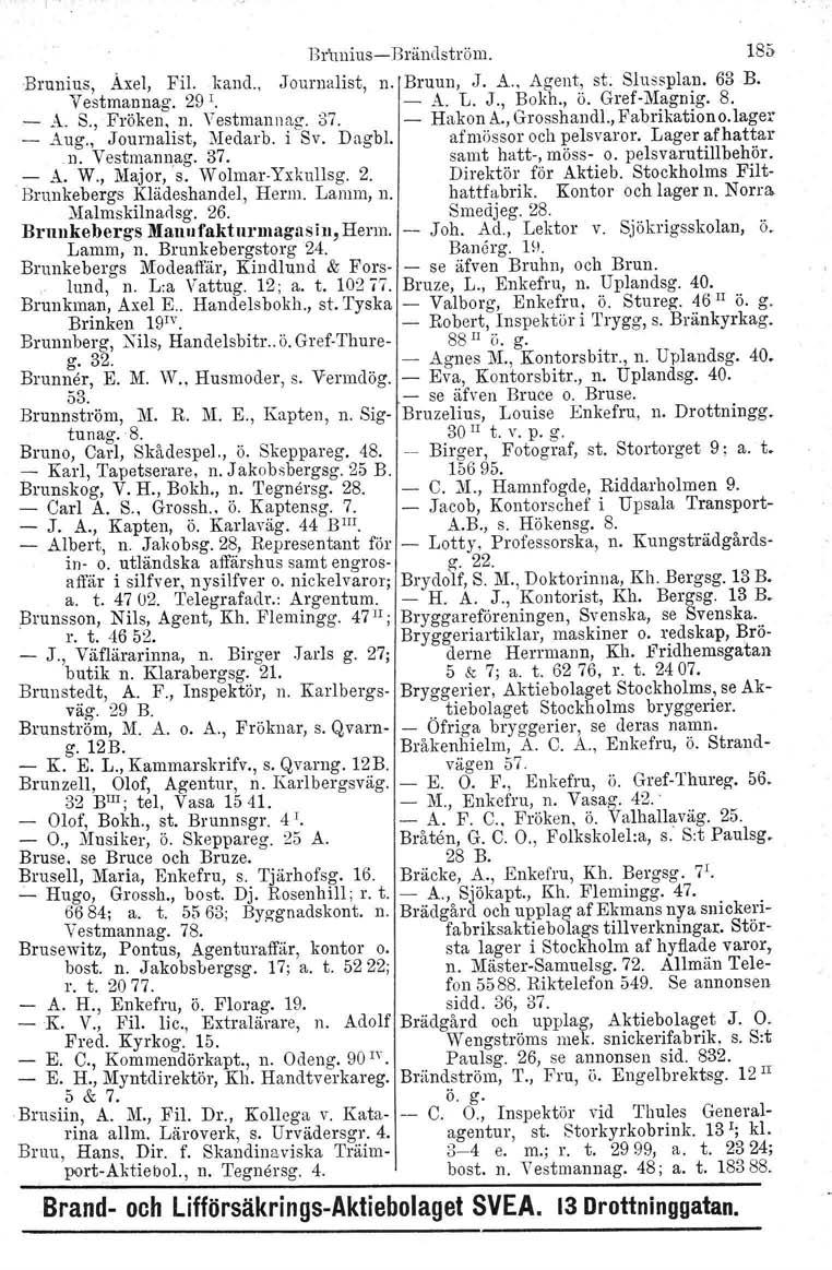 13r'unius-Brändström. 185 Brunius, Åxel, Fil. kand., Journalist, n. Bruun, J. A.. Agent, st. Slussplan. 63 B. Vestmannag. 29 I. - A. L. J., Bokh., ö. Gref-Magnig. 8. - A. S., Fröken, n. Vestmannaz.