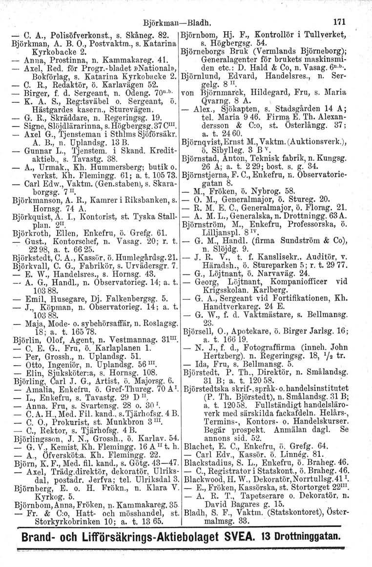 Björkman-Bladh. 171 - C. A., Polisöfverkonst., s. Skåneg. 82. Björnbom, Hj. F., Kontrollör i Tullverket, Björkman, A. B. O., Postvaktm., s. Katarina s. Högbergsg. 54. Kyrkobacke 2.