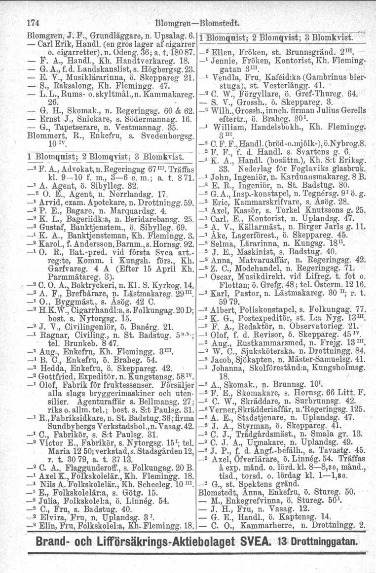 174 Blomgrsn-c-Blomatedt, Blomgren,.J; F., Grundläggare,'n. Upsalag. 6. 1 Blomquist; 2 Blomqvist'; 3 Blo'mkvist - Carl Erik, Handl. (en gros lager af cigarrer -- -~, ----~~-------- o. cigarretter), n.