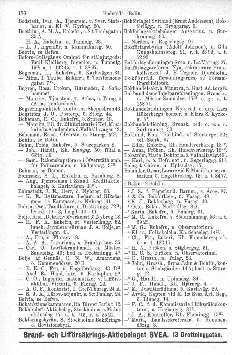 176 Bodsbedt->Bolin. Bodstedt, Ivan A., 'Ijenstem. v. Sver, Stats- Bokförlaget Svithiod (Ernst Andersson), Bokbanor, n. Kl. V. Kyrkog. 20. förlägg., n. Bryggareg. 6. Boethius, A. M. A., Enkefru, s.