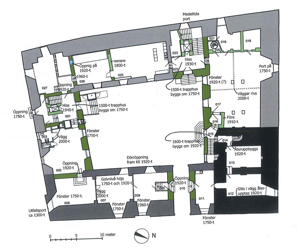 3. Planritningar över aktuellt våningsplan. Rummen som omfattas av ombyggnationen ligger i nordvästra hörnet. Ritning från Vårdprogram Västerås slott U1. Bach arkitekter ab. Skala 1:300.