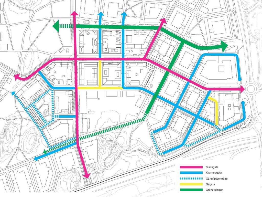 Illustration gatunät Täby park, SWMS Gång och cykeltrafik Täby park planeras för att vara en stadsdel tillgänglig för alla, där särskilt gående och cyklister ska vara prioriterade.