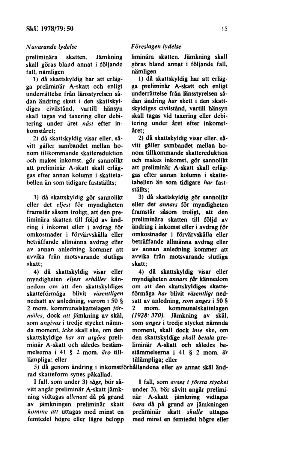 SkU 1978/79: 50 15 Nuvarande lydelse Föreslagen lydelse preliminära skatten. Jämkning liminära skatten.