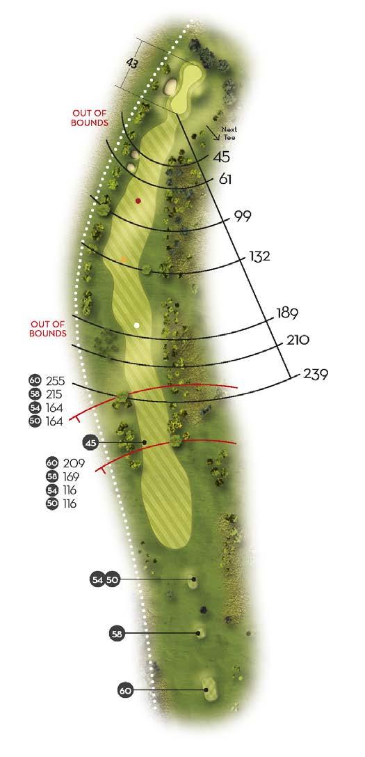 Plantera buskar/träd skapa rumkänsla mot hål 7. Tajtare klippning (indrag av ruff) på vänster sida mellan fairwaybunkrar och green.